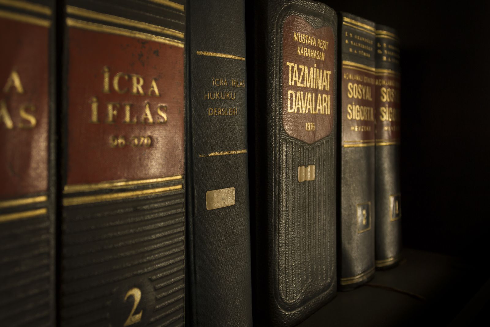 Close-up of law and reference books lined up on a shelf